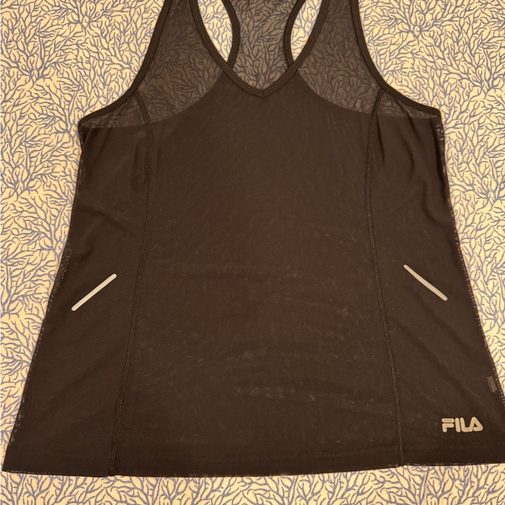 FILA Black Racerback Mesh Athletic Tank with Reflective Accents